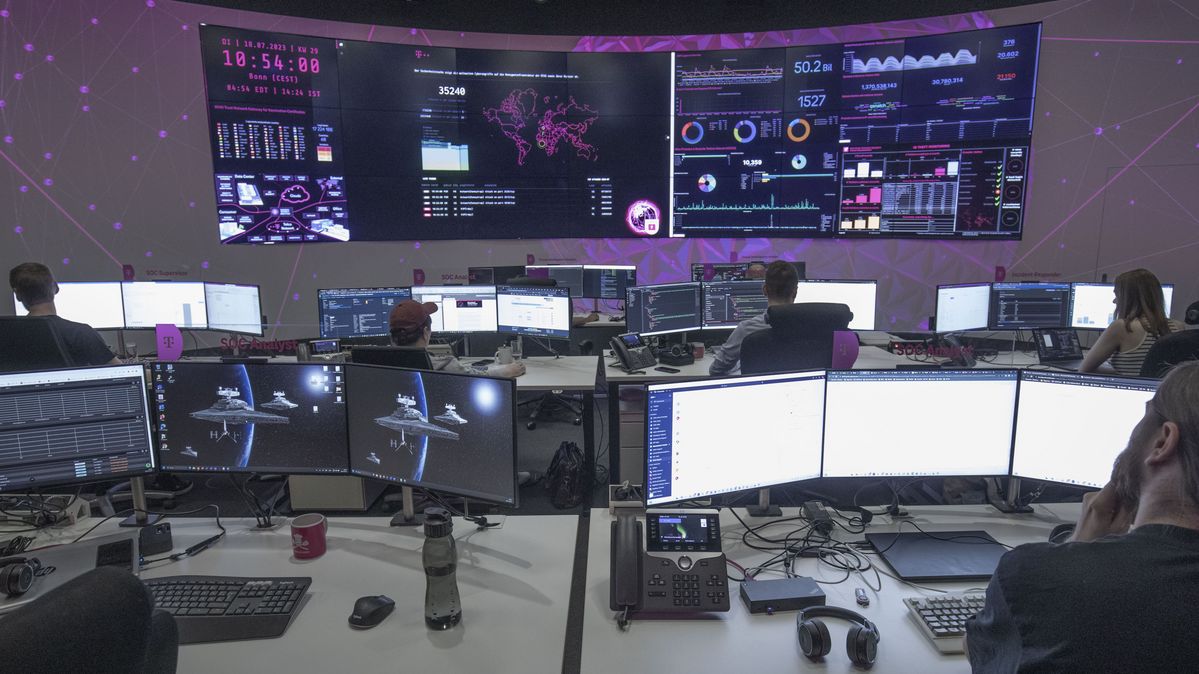 The situation room of the cyber defense center of Deutsche Telekom in Bonn, Germany.