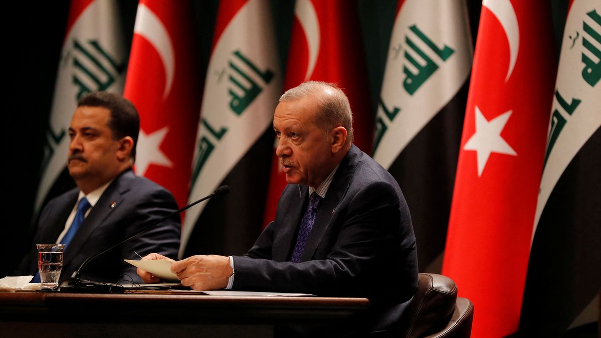 Turkish President Recep Tayyip Erdogan and Iraqi Prime Minister Mohammed Shia al-Sudani at a signing ceremony in Ankara on May 8, 2025. Turkish President Recep Tayyip Erdogan and Iraqi Prime Minister Mohammed Shia al-Sudani sit next to each other