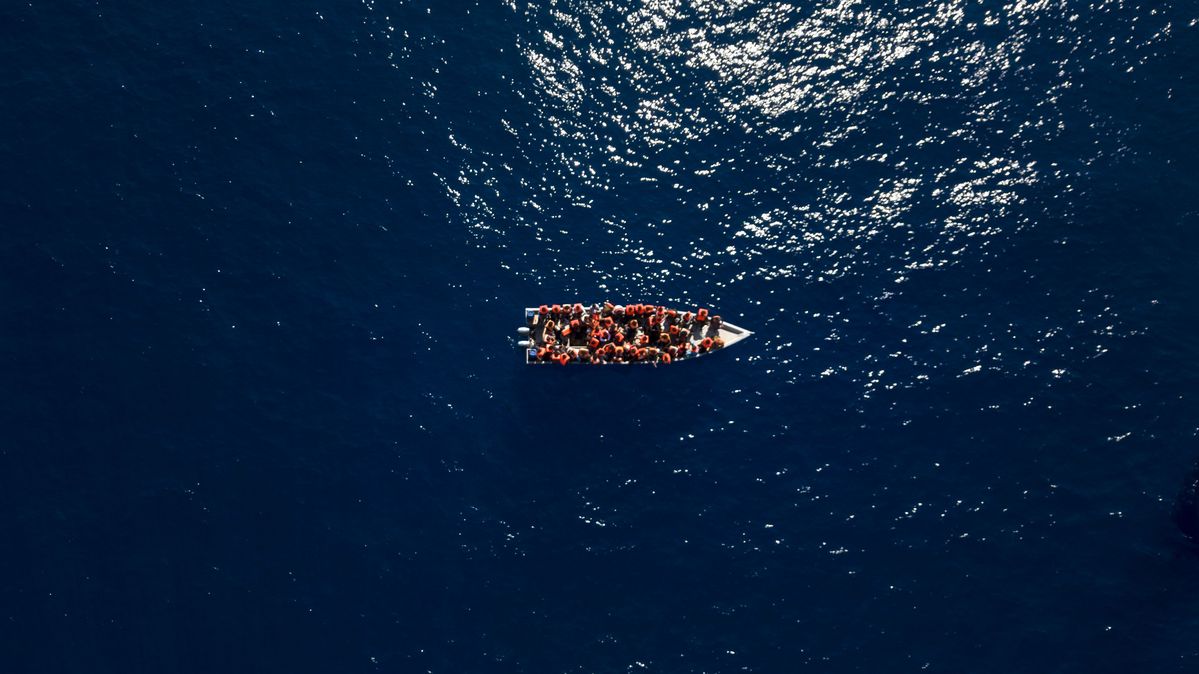 A refugee boat on the Mediterranean off Libya A refugee boat on the Mediterranean off Libya