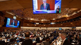 The Director-General of the World Health Organization (WHO) Dr Tedros Adhanom Ghebreyesus at the United Nations World Health Assembly on 27 May 2024