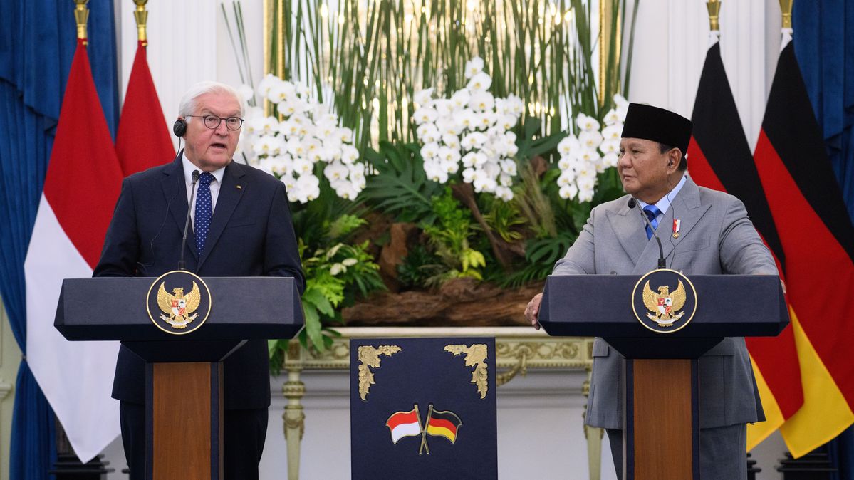 Bundespräsident Frank-Walter Steinmeier und Prabowo Subianto, Präsident von Indonesien, bei einer Pressekonferenz nach ihrem Gespräch im Präsidentenpalast. Bundespräsident und Präsident von Indonesien an Rednerpult vor Flaggen