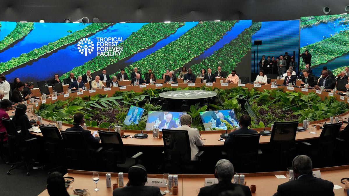 A roundtable on tropical forest investment at the COP30 UN climate summit in Belém, Brazil A round table with people