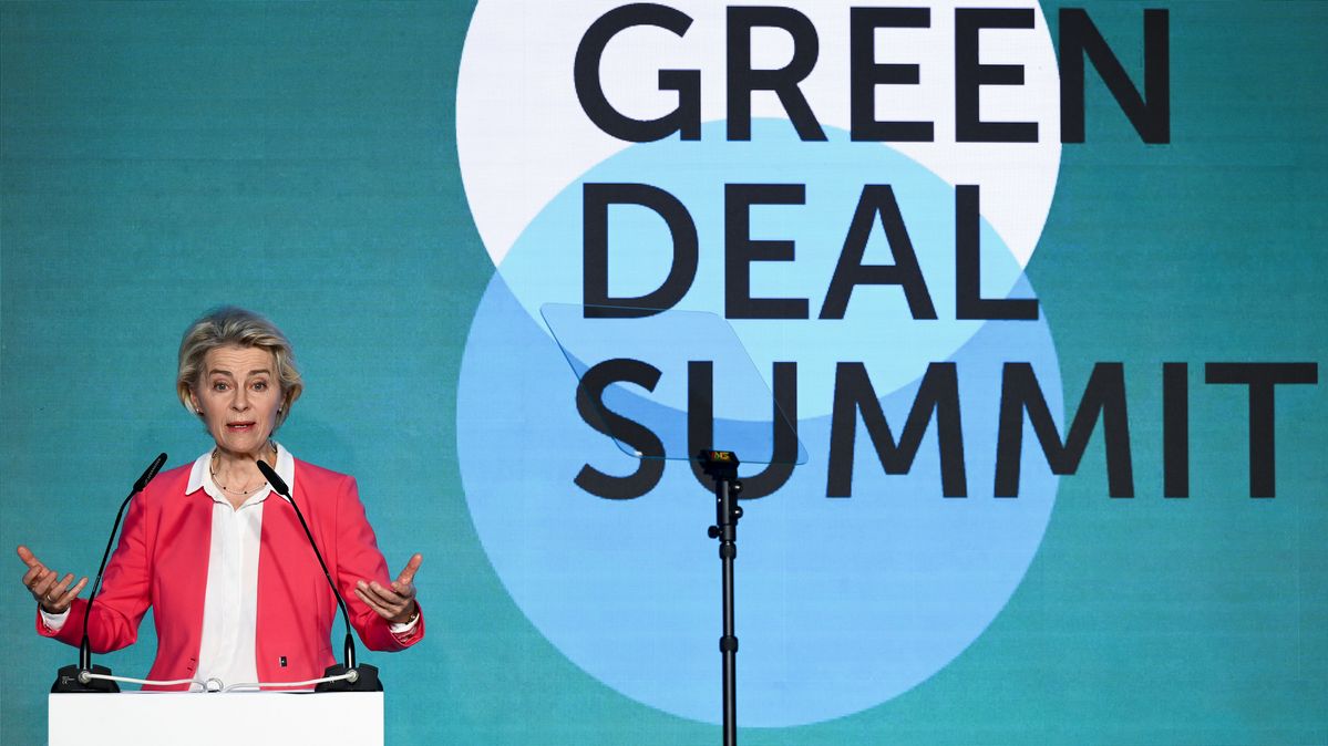 EU Commission President Ursula von der Leyen speaks during the Green Deal Summit in Prague in September 2023