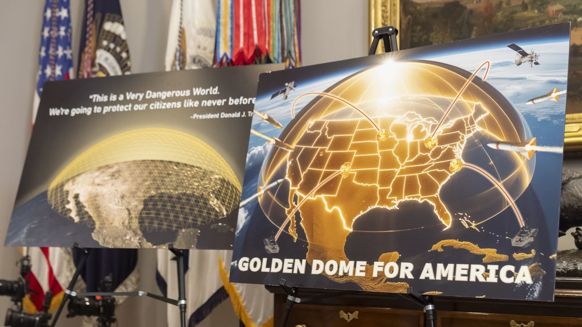 Poster of the planned Golden Dome for an event at the White House A poster with an image of the Golden Dome