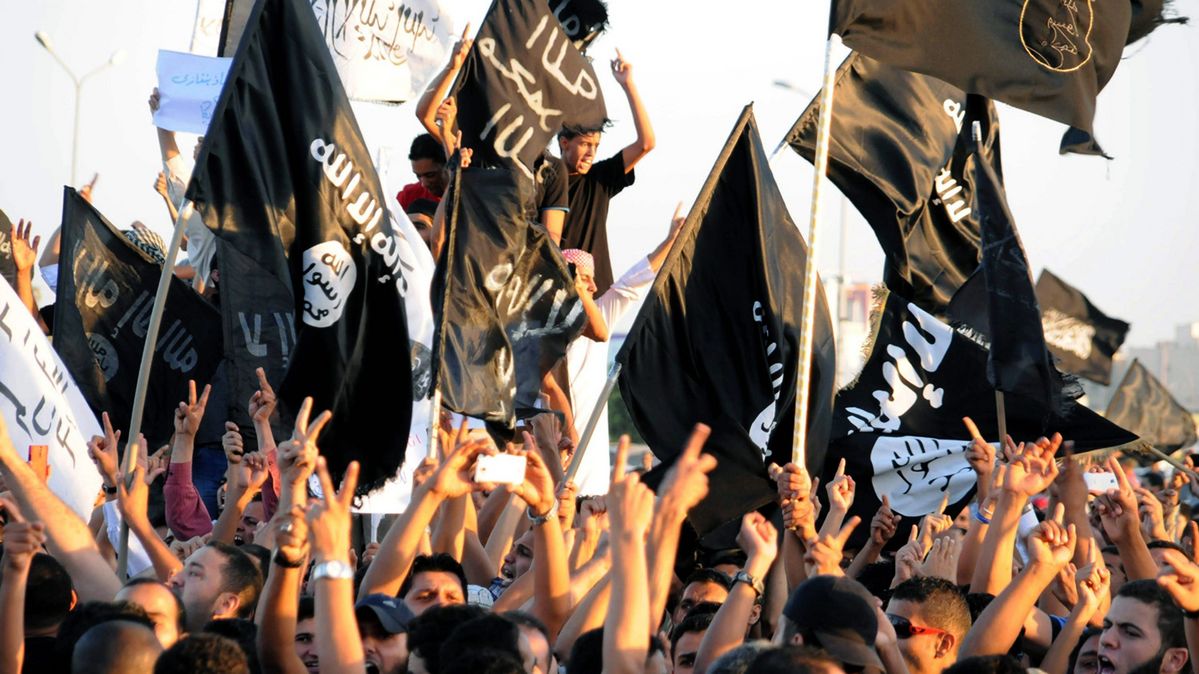 Islamist flags at a protest on September 21, 2012 in Benghazi, Libya