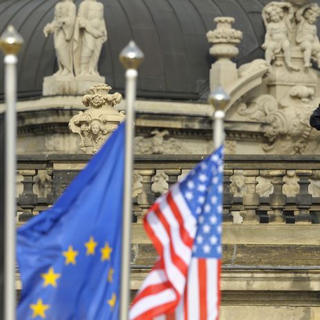 Ein Sicherheitsbeamter mit Fernglas während eines Staatsbesuchs