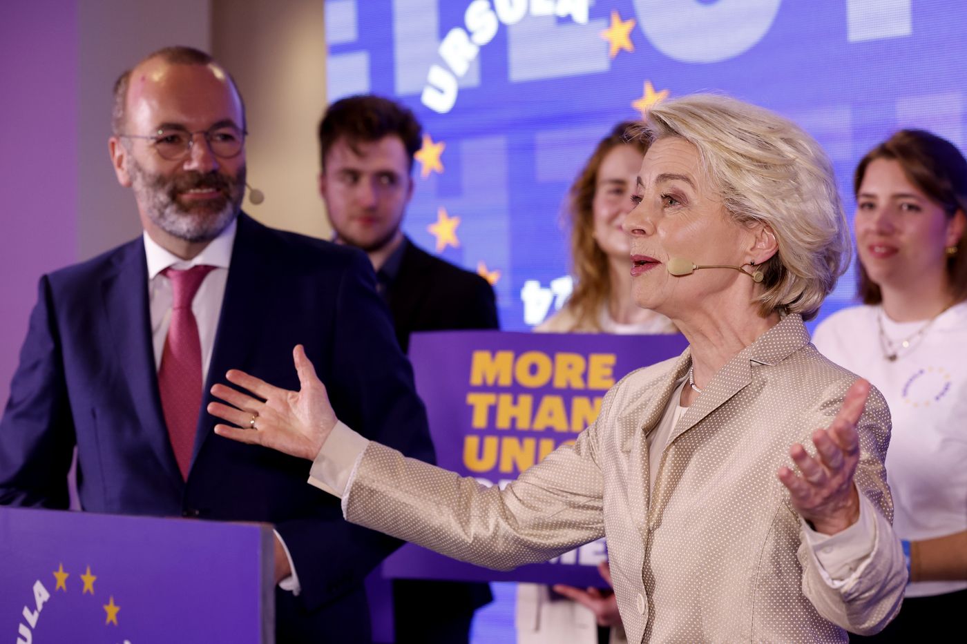 Brussels, June 9, 2024: Ursula von der Leyen and Manfred Weber celebrate their electoral victory at the European People's Party headquarters.