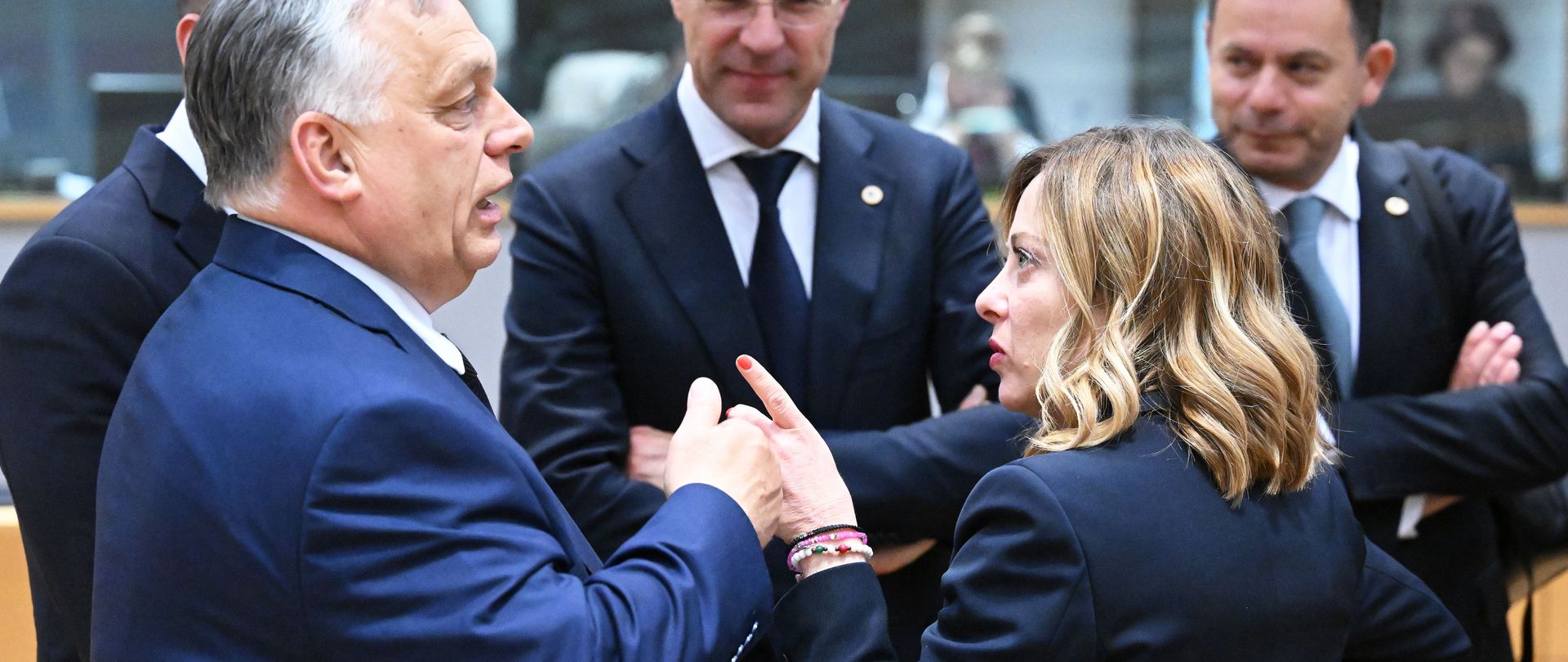 Hungarian Prime Minister Viktor Orban (L), Italian Prime Minister Giorgia Meloni (R) and Dutch Prime Minister Mark Rutte (C) attend the EU Summit of Heads of State and Government in Brussels, Belgium, on April 17, 2024.