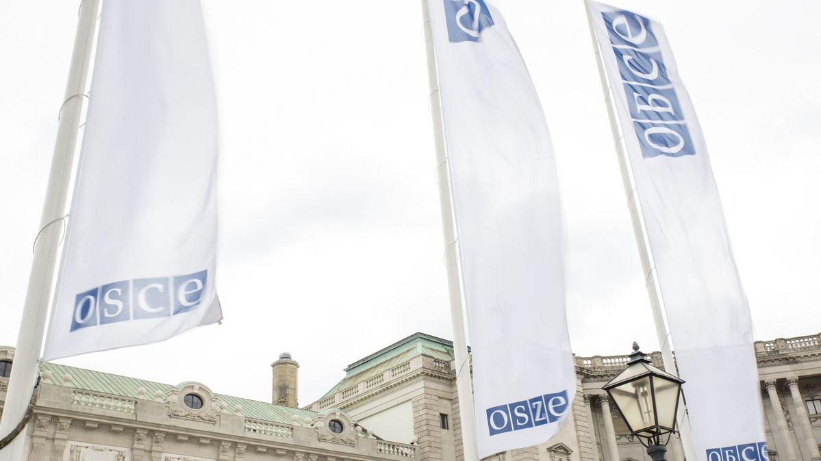 Flaggen vor dem Gebäude der OSZE in Wien Flaggen mit dem Schriftzug OSZE vor einem Gebäude