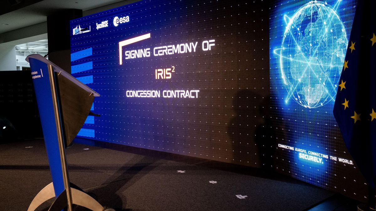 Signing ceremony for IRIS2 (Infrastructure for Resilience Interconnectivity and Security by Satellite) with ESA (European Space Agency) and the SpaceRISE Consortium on 16th of December 2024 A large screen with "signing ceremony"