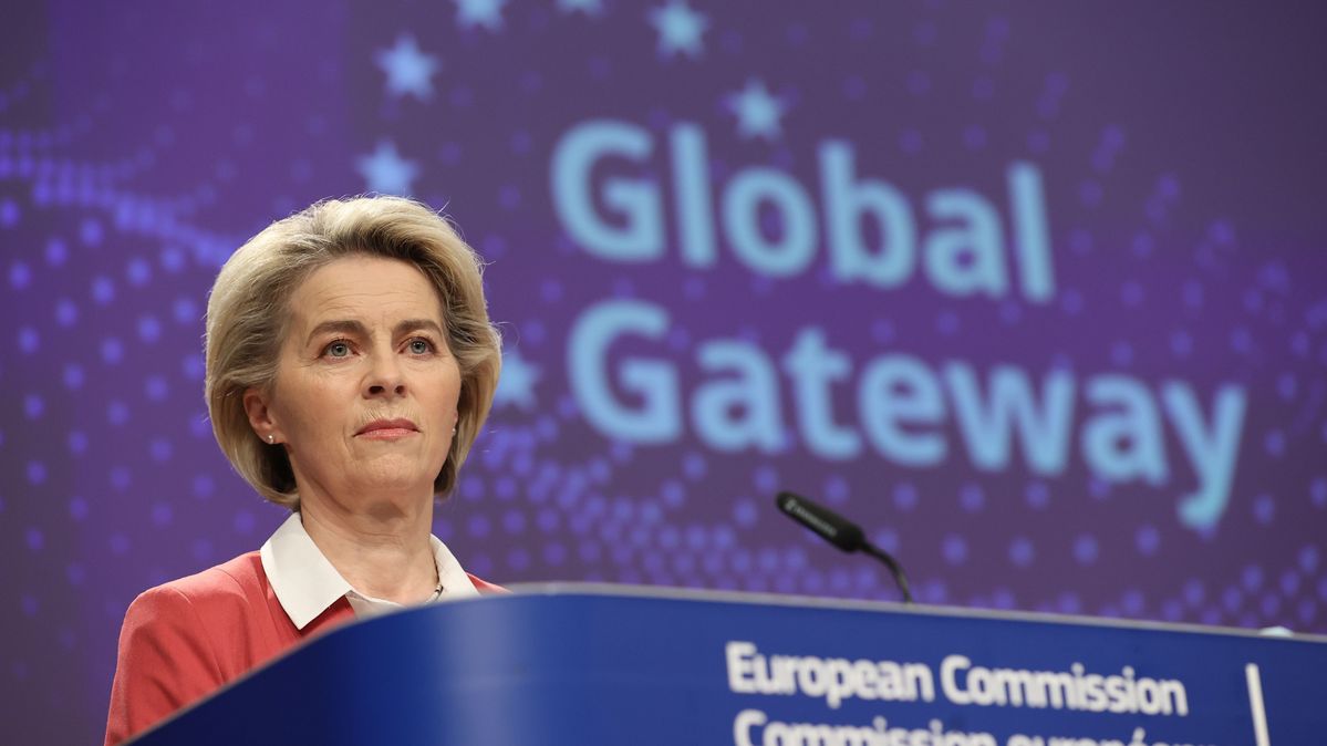 EU Commission President Ursula von der Leyen at a press conference on the EU's "Global Gateway" strategy in Brussels.