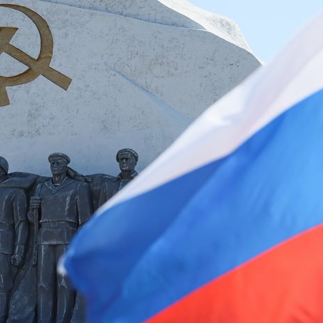 Russian flag flies at a WWII memorial in Mariupol, May 2024