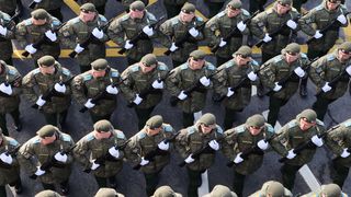 Russische Soldaten in der Militärparade zum 79-jährigen Jubiläum des „Tag des Sieges“ am 09.05.2024 in Moskau